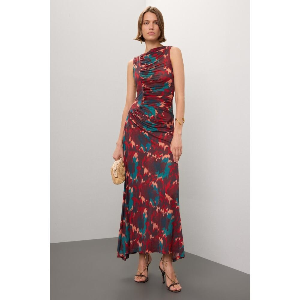 ULLA JOHNSON Red Green Abstract Boat Neck Side Ruched Livia Dress size Medium